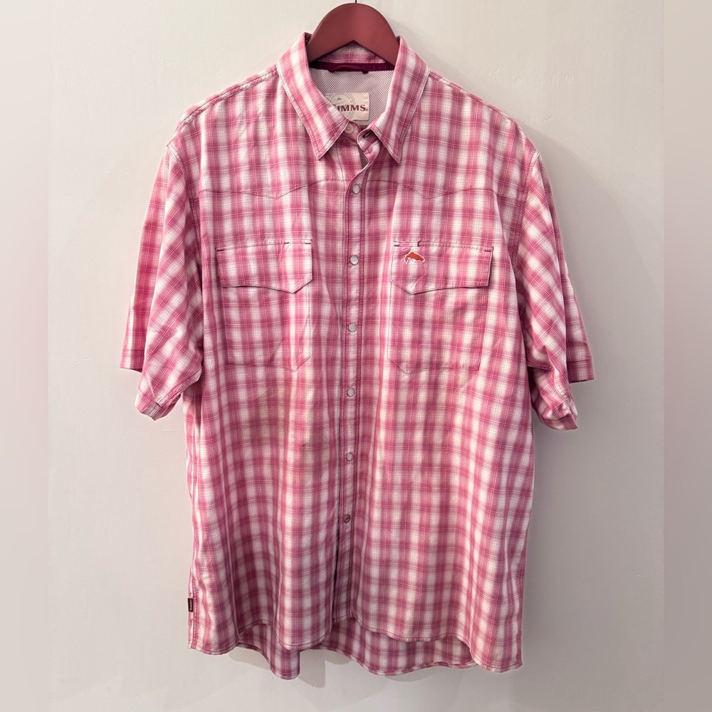 Simms Men's Big Sky Burgundy Checkered Button Down Shirt XL Pearl Snap Fishing